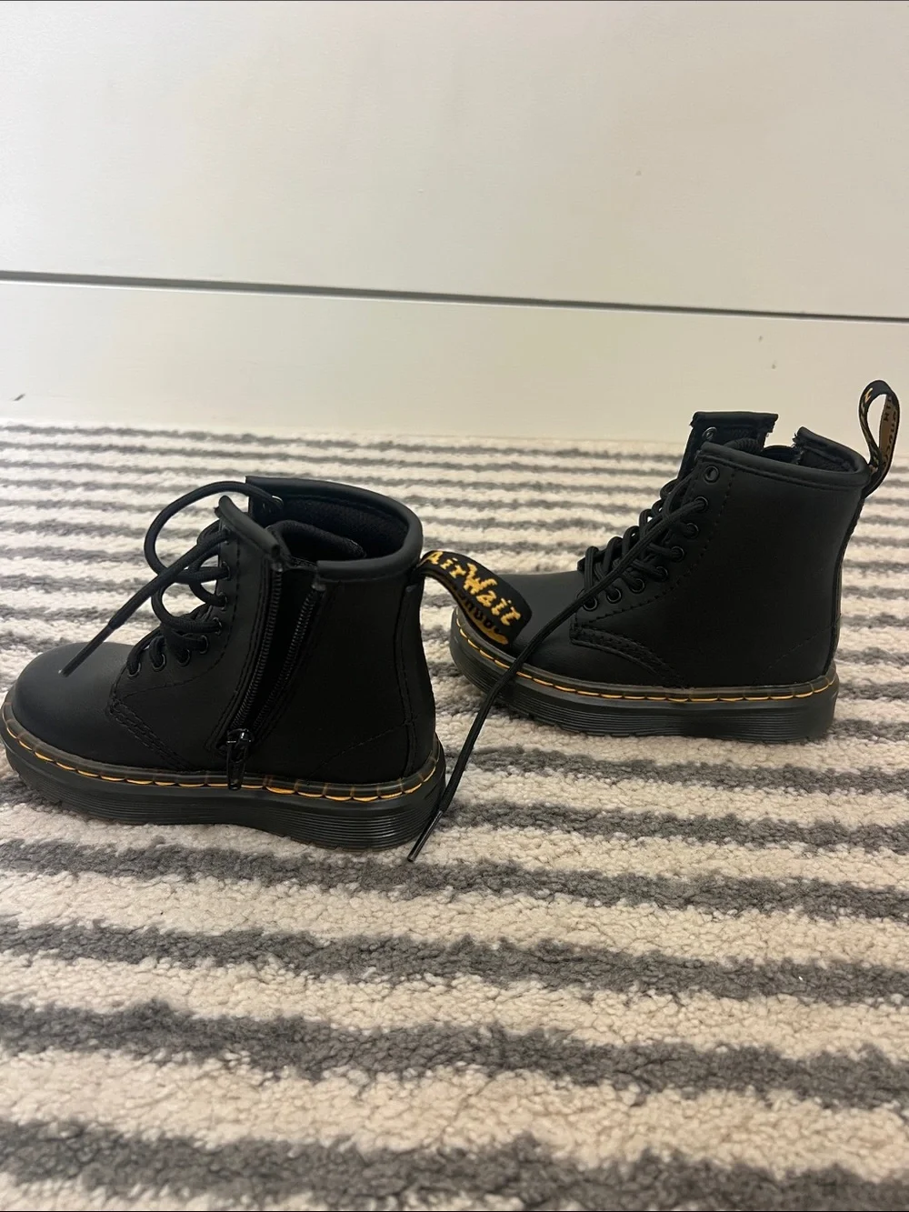 Dr. Martens Black Kids Lace-Up Boots with Yellow Stitching - NWT